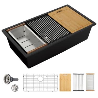 Imagem de Sarlai Pia de cozinha composta de 30 granitos – 76,2 cm x 48,3 cm preto embaixo da pia da cozinha borda da pia da cozinha estação de trabalho fosco composto de quartzo de granito preto fosco sob