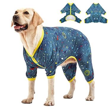 Imagem de LovinPet Camisa grande de recuperação de cirurgia para cães, camiseta para casacos para cães, anti-lamber, roupas Pitbull, macacão de ansiedade para animais de estimação, estampa espacial marinho