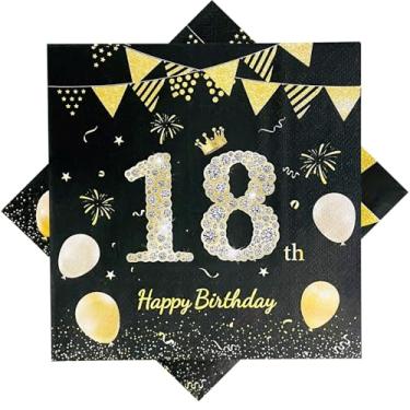 Imagem de Guardanapos de aniversário de 18 anos, 40 peças, preto e dourado, decoração de festa de aniversário de 18 anos, guardanapos de decoração de mesa de aniversário, suprimentos de festa, guardanapo preto