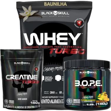 Imagem de Kit Creatina Monohidratada Turbo 150g + Whey Protein Turbo Concentrado + Pré-Treino B.O.P.E 150g - Black Skull (Whey Turbo Baunilha - B.O.P.E Frutas Amarelas)