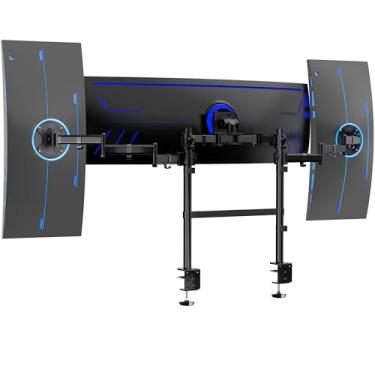 Imagem de VIVO Suporte de mesa de monitor triplo de dois polos com fixação para 1 Utrawide central de até 124 cm e 27 kg, 2 telas laterais de até 96,5 cm e 8 kg, suporte ajustável de perfil baixo, preto