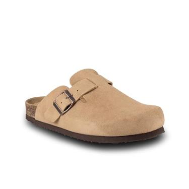 Imagem de EMMA NEW YORK Tamancos femininos de camurça sem cadarço com fivela deslizante de couro, sandálias de cortiça com suporte de arco, Bronzeado, 39