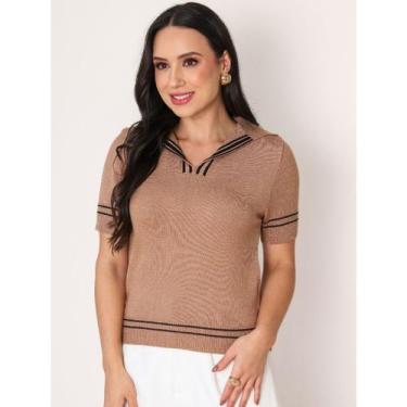 Imagem de Blusa Polo Camiseta Feminina Listrada Tricô Tricot Linda e Elegante Mo
