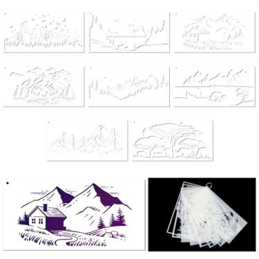 Imagem de 8 peças de estênceis para pintura, 24 x 12 cm, estênceis reutilizáveis mistos para artesanato, estêncil de tinta lavável flexível para móveis de madeira, modelos de desenho de papel com montanhas