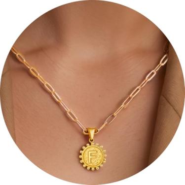 Imagem de Colar com inicial para mulheres, colar com pingente de letra, corrente de clipe de papel, joia de monograma, moeda do alfabeto, pronto em camadas, 14+2in, Aço inoxidável, Sem Pedra Preciosa