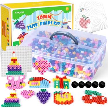 Imagem de Caydo Kit de contas fusíveis de 10 mm, estúdio de arte de contas jumbo de 10 mm - Kit de artesanato de contas de fusão de 8 cores com caixa de armazenamento, 2 quadros de pinos e papel de passar para