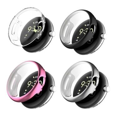 Imagem de Pacote com 4 capas compatíveis com o relógio Google Pixel Watch 2/Pixel com película de vidro temperado, capa protetora de proteção contra choques de relógio de cobertura total de TPU para Google Pixel Watch 2/1