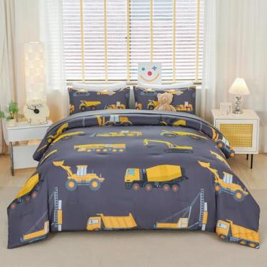 Imagem de YOU SA Conjunto de cama de solteiro para meninos, 5 peças, cinza, equipamento de desenho animado, caminhões, cama em uma bolsa para crianças todas as estações