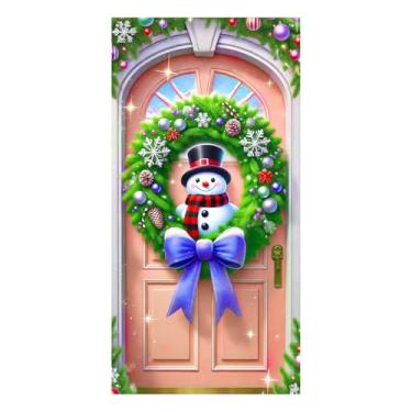 Imagem de BlissYard Capa de porta de guirlanda de Feliz Natal com boneco de neve 99,5 x 188 cm com cachecol vermelho flocos de neve pinhas para decoração de inverno interna e externa