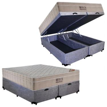 Imagem de Cama Box Baú Casal Suede Bipartido + Colchão Ortobom Airtech Molas Ensacadas 138x188x65 Cinza