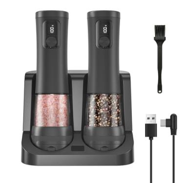 Imagem de Conjunto de moedor elétrico de sal e pimenta, 2 unidades de moedor de pimenta automático recarregável, com base de carregamento, 5 níveis, monitor, iluminação LED, grande capacidade, presente de