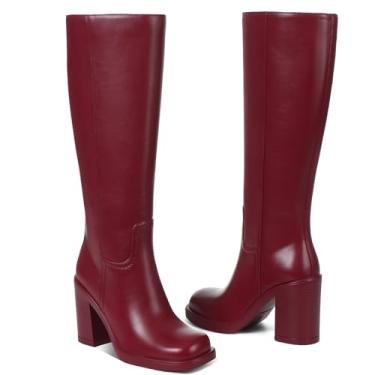 Imagem de CYNLLIO Botas de cano alto femininas plataforma Gogo bota cano alto até a coxa com salto grosso de 9 cm bico quadrado zíper lateral, Vermelho, 35 BR