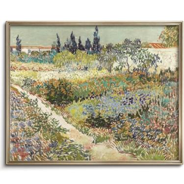 Imagem de Vodefoad Pintura de jardim antigo vintage, arte de parede de paisagem de primavera country, impressão de arte a óleo de paisagem de jardim de flores de casa de campo, decoração de parede retrô estilo