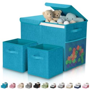 Imagem de Fiwochic Pacote com 3 caixas de armazenamento de brinquedos grandes de 58 cm com caixas de armazenamento de cubos de 28 cm, baú organizador de brinquedos dobrável com tampas para berçário, sala de