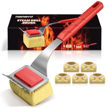 Imagem de nonoYif Escova de grelha sem cerdas + 5 refis de almofada de limpeza, escova de churrasco para grelhas de ferro fundido ou aço inoxidável, cabeça de limpeza a vapor com raspador, fácil de limpar e