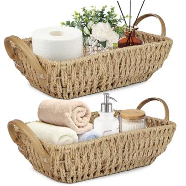 Imagem de Cesta de papel higiênico com corda de papel, pequenas cestas de armazenamento de vime para organizar com alças, cestas de decoração de quarto, prateleiras de vaso sanitário (conjunto de 2, natural)