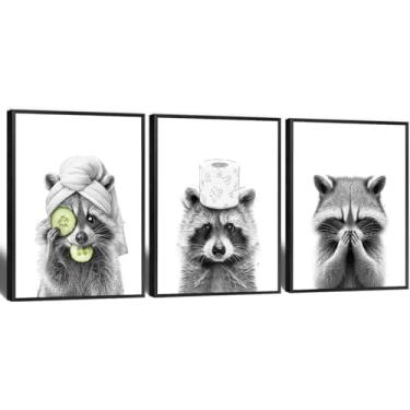 Imagem de Conjunto de 3 peças de arte de parede de guaxinim fofo com 3 estampas em tela em preto e branco para bar, carrinho, quarto, casa, 30 x 40 cm, sem moldura