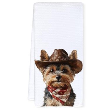 Imagem de Qnhij Toalhas de cozinha Westren Yorkie, presentes Yorkshire terrier para mulheres, toalhas de mão decorativas para banheiro, engraçado Western Cowboy Yorkshire Terrier, panos de prato para cozinha