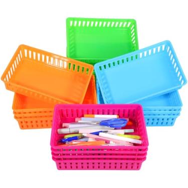 Imagem de Pacote com 16 cestas de plástico para organização, caixas de armazenamento de sala de aula, cesta de lápis pequena de plástico, bandejas de armazenamento coloridas para papel, mesa, prateleira