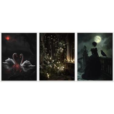 Imagem de Conjunto de 3 arte de parede gótica escura – Cisne de Halloween sob lua de sangue, jardim gótico encantado, mulher vitoriana com corvo para decoração de quarto ou escritório - 20 x 30 cm pronto para