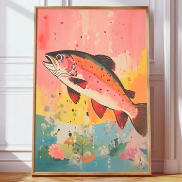 Imagem de Arte em tela de peixe rosa vintage pôsteres de frutos do mar pintura de peixe truta imagens engraçadas de comida pintura de vida marinha impressão retrô de peixes abstrata arte de peixe colorida sala