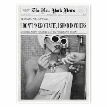 Imagem de Arte de parede de jornal moderna – Decoração de carrinho de bar feminino, impressão vintage preto e branco Y2K, arte de parede de dormitório, pôster feminista retrô - 30 x 40 cm pronto para pendurar