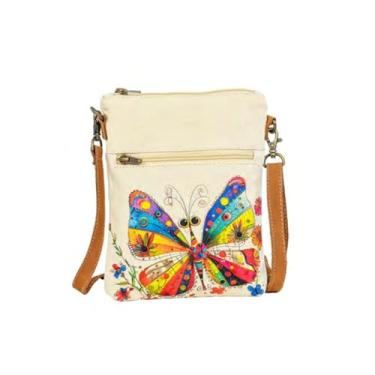 Imagem de COTT N CURLS Fable Flight Slim Sling Bag para mulheres – 86 x 19 cm, estampa em aquarela, lona e couro, bolsas de primavera, presentes de borboleta, presentes de primavera para mãe, irmã, amiga