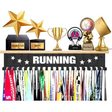 Imagem de Prateleira de troféu de corrida de maratona com ganchos para medalhas - Prateleira de exibição de metal para exibição de fita de montagem na parede, prateleiras de troféu para ginástica, futebol, luta