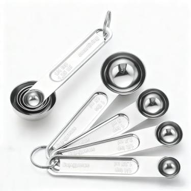Imagem de Conjunto de colheres medidoras de cozinha de aço inoxidável, 4 peças, com anéis destacáveis.
