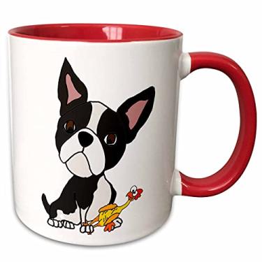 Imagem de 3dRose Caneca de cerâmica engraçada com brinquedo de galinha de borracha Boston Terrier, 325 ml, vermelho/branco