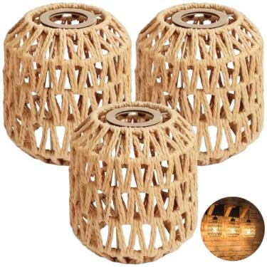 Imagem de 3 peças de abajur de vime boêmio, 15 x 13 cm pequeno boho tecido à mão corda de papel substituição para luminárias E27, abajur de vime para quarto, pingente, parede, mesa e teto