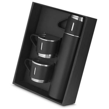 Imagem de Garrafa Térmica Inox 500ml com 3 Canecas – Preta | Kit Prático para Viagem, Trabalho e Lazer