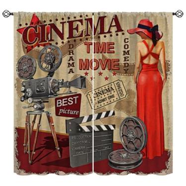 Imagem de FengMingRui Cortinas retrô de cinema dos anos 80, pôster, vestido vermelho, filme, câmera, filme anos 90, vintage, blackout, tratamento de janela para home theater, sala de estar, quarto, café