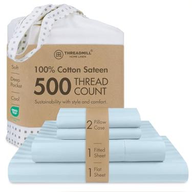 Imagem de Jogo de lençol de cama luxuoso com 4 peças, 500 fios, 100% algodão, 2 cm, listras damasco ELS da Threadmill Home, para colchões de até 45 cm de profundidade, cetim liso, Azul, Queen