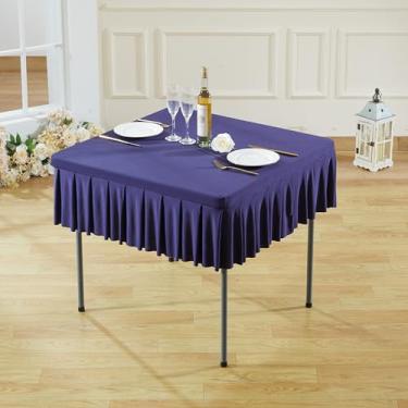 Imagem de Toalha de mesa quadrada azul marinho de 86 x 86 cm, sem rugas, cetim azul marinho, toalha de mesa ajustada para mesas quadradas, capa de mesa plissada lavável para casamento, aniversário, coquetel