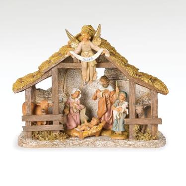 Imagem de Fontanini Conjunto de presépio em escala de 12,7 cm por Roman, 7 peças de cena de família sagrada com pastor e animais, estábulo de resina com anjo, decoração clássica de Natal
