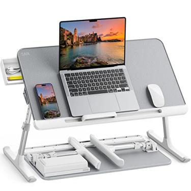 Imagem de SAIJI Bandeja de cama para laptop, mesa de cama ajustável de couro PVC para laptop, mesa de pé portátil com gaveta de armazenamento, mesa dobrável para tablet de sofá (cinza)