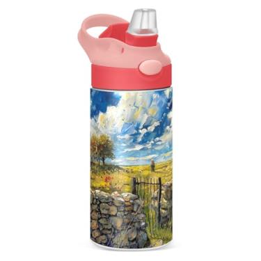 Imagem de Blueangle Garrafa de água doméstica camponesa isolada de aço inoxidável de 350 ml com tampa de canudo - Garrafa esportiva reutilizável e portátil à prova de vazamento para viagens, ao ar livre (370)