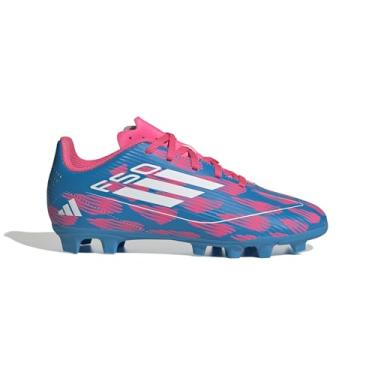 Imagem de adidas Tênis de futebol F50 Club Youth Firm Ground – Ajuste confortável com cabedal sintético texturizado e sola versátil, Azul solar/branco/rosa solar, 13 Little Kid