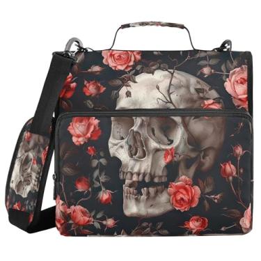 Imagem de SEHANY Fichário com zíper de caveira e flor com alça de ombro, capacidade para 500 folhas, vários bolsos, fichário com 3 anéis e zíper de 3 anéis