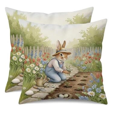 Imagem de UZFNY Conjunto de 2 capas de almofada de jardim de coelhinho da páscoa 45,7 x 45,7 cm, capas de almofada decorativas de ovo de jardim de fazenda de primavera, fronhas florais de dupla face para sofá e