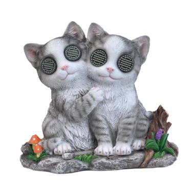 Imagem de Generic Estátua de casal de gatos para jardim com luz solar, escultura em resina, artesanato, decoração externa, estatueta decorativa única de animais para