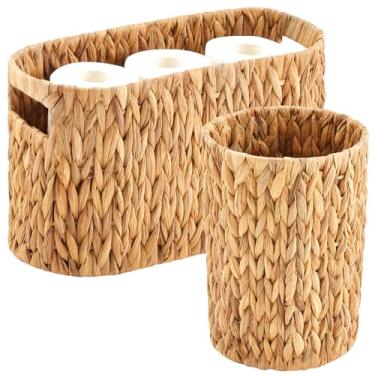 Imagem de Maxdot Cesta de armazenamento de papel higiênico de vime para 6 rolos e lata de lixo de vime de 6 litros, suporte de armazenamento de vaso sanitário com alças de papel jacinto de água, conjunto de
