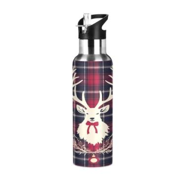 Imagem de Wassud Fundo xadrez com veado 600 ml garrafa de água esportiva de aço inoxidável com isolamento a vácuo com tampa de canudo à prova de vazamento, copo portátil, academia de viagem