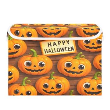 Imagem de Wassud Cestas de armazenamento de Halloween com tampas caixotes dobráveis de abóbora de desenho animado cestas de linho de tecido empilháveis recipiente organizador de armário 42 x 32 x 30 cm