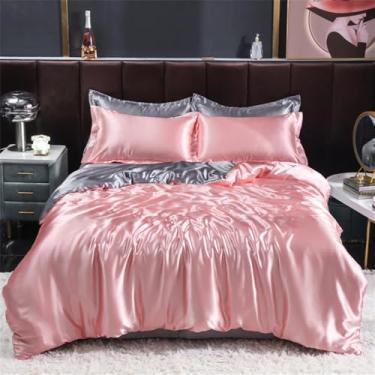 Imagem de XLCZMYL Jogo de cama de seda de cetim com capa de edredom, fronhas de cama de casal sólido solteiro, lençol de cama, rosa + prata, cinza, lençol de algodão 180 x 220 4 peças