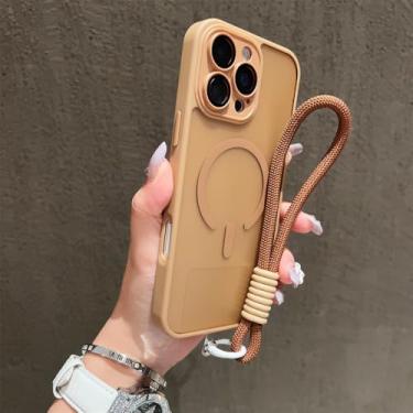 Imagem de Capa protetora transparente fosca para iPhone 17, 16, 14, 13 Mini, 15, 12, 11 Pro Max Plus com cordão, alça de pulso e fecho magnético, cor dourado deserto, compatível com iPhone 16 Pro Max.