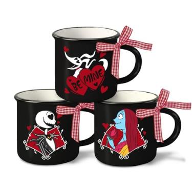 Imagem de Zzkol Conjunto de 3 mini canecas de café pretas Jack Dia dos Namorados, Sally Ghost Red Love Hearts Be Mine 142 g para decoração de bandeja em camadas, decoração de aniversário de casamento, cozinha
