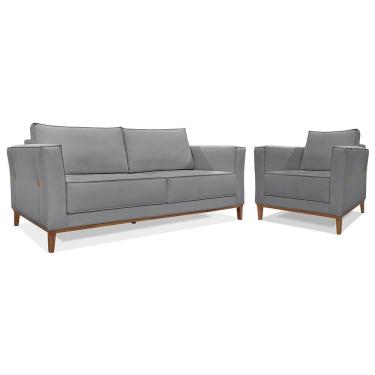 Imagem de Kit Sofá 3 Lugares 190 Cm E Poltrona Sala De Estar Recepção Escritório Dinamarca Spz Linho - Adj Decor Cinza
