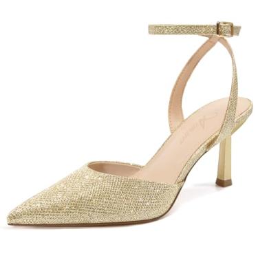 Imagem de Athlefit Sapato feminino fechado com bico fino, salto alto, tira no tornozelo, salto agulha e festa de casamento, Glitter dourado, 41